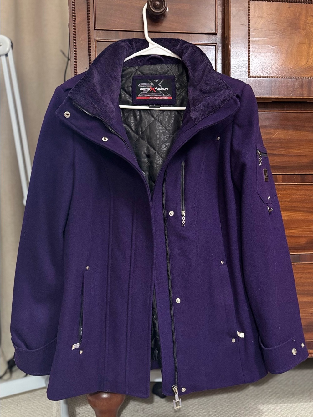 ZeroXposur Women's Deep Purple Pea Coat with Zipper & Snap Details